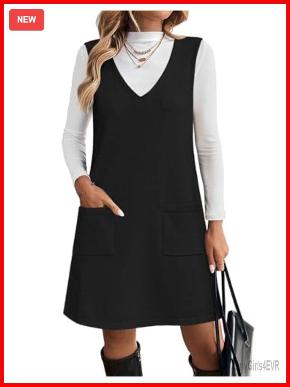 Sleeveless V Neck Knit Sweater Vest Dress with Pockets Fall Winter